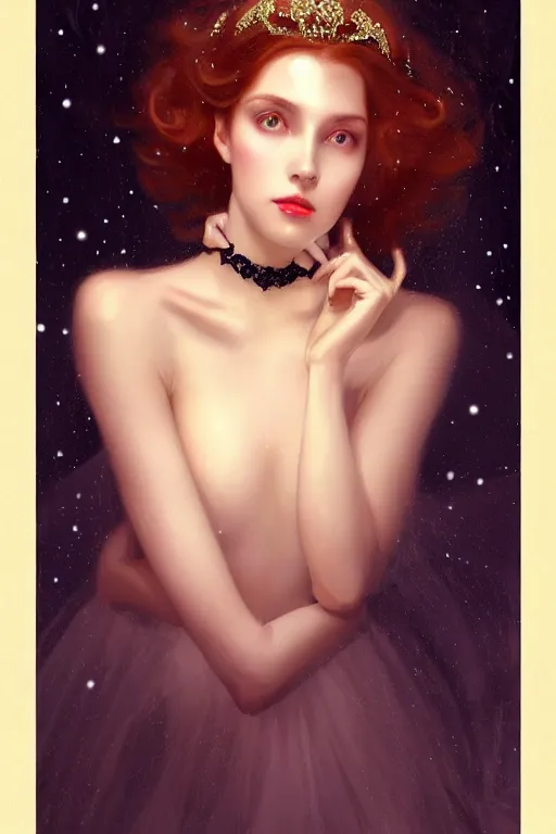 Prompt: Nocturne, glowing, stars, a long-legged elegant sultry woman, long auburn hair, pearl choker, tiara, highly detailed, mysterious, ethereal, dressed in black velvet, haute couture, illustration, dramatic lighting, soft details, painting, by Edmund Blair Leighton, Brom, Charlie Bowater, trending on artstation, faces by otto schmidt