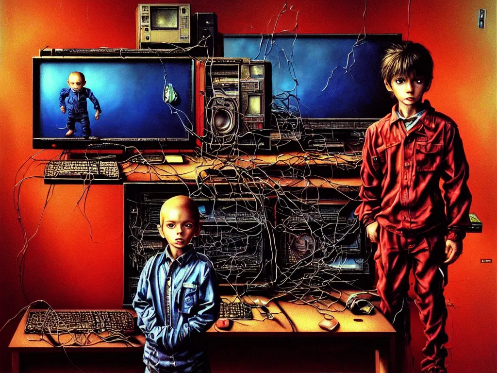 Prompt: realistic detailed image of a standing figure of a five years old boy in front of a PC computer from 90s in an old dirty soviet apartment by Ayami Kojima, Amano, Karol Bak, Greg Hildebrandt, and Mark Brooks, Neo-Gothic, gothic, rich deep colors. Beksinski painting, from a movie by David Cronenberg. part by Adrian Ghenie and Gerhard Richter. art by Takato Yamamoto. masterpiece. realistic detailed image. Photographed with Leica Summilux-M 24 mm lens, ISO 100, f/8, Portra 400, kodak film, anamorphic lenses. high quality