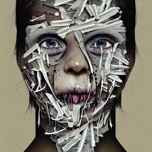 Image similar to face shredded like paper as skin peeling, dark, surreal, illustration, by ally burke