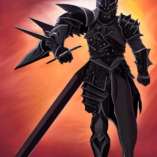Image similar to Knight with black greatsword and black plate armour, one-eyed, emitting evil red aura, armor merging with body, head turning into half human half wolf hybrid, full body shot, anime blade style art