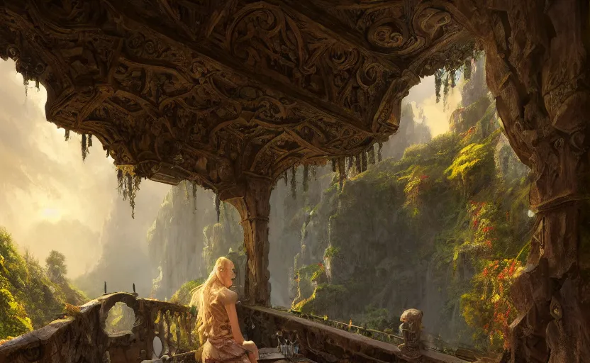 Prompt: painting of a series of a ring of bedrooms carved high up inside a mountain, lush garden with hot spring between, cozy bed, well maintained, clean, medieval, fantasy genre, natural light, fantasy, natural light, sharp focus, concept art, by greg rutkowski and craig mullins, cozy atmospheric and cinematic lighting, trending on artstation