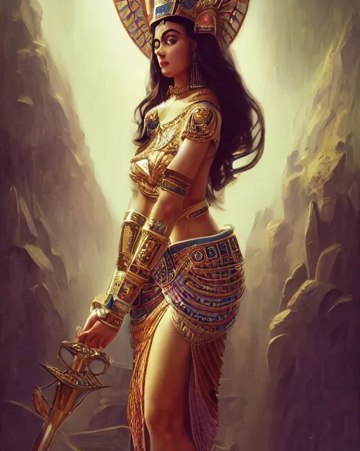 Image similar to Jessica Kahawaty as a beautiful egyptian princess, gorgeous, portrait, Symmetrical, powerful, intricate, beautiful, masterpiece, elegant, volumetric lighting, highly detailed, artstation, sharp focus, no cropping, illustration, Peter Mohrbacher, Artgerm, Jean-Leon Gerome , ruan jia