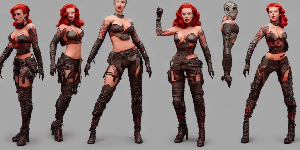 Image similar to scarlett johansson as an armored tattooed pinup rockabilly warrior, character sheet, concept design, contrast, hot toys, 3 d print, kim jung gi, greg rutkowski, zabrocki, karlkka, jayison devadas, trending on artstation, 8 k, 3 d model, photo, realistic, octane render, ultra wide angle, pincushion lens effect