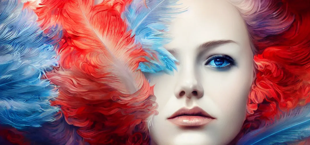 Image similar to a painting of a woman who made of curly and transparent feathers and cloud with red edges is holding a sword, a digital painting by charlie bowater, made of many translucent layers of blue feathers and cloud, metaphysical painting, speedpainting, digital painting, holographic undertones, highly saturated colors, 4 k, glossy eyes, concept art, trending on artstation