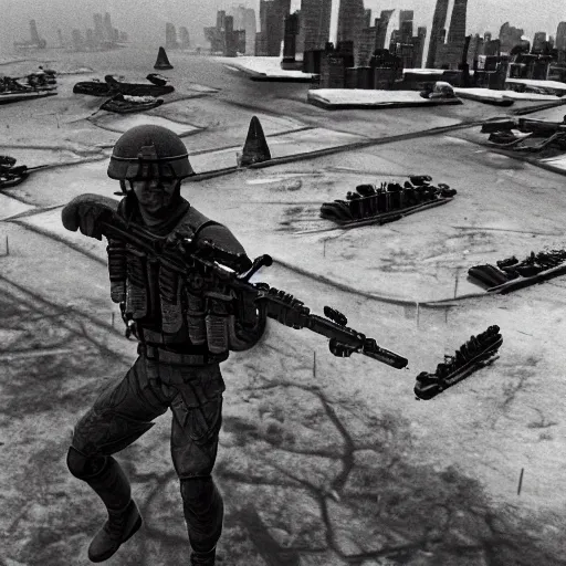 Image similar to The war between the Soviet Union and America, the action takes place in New York, far away against the background of the Statue of Liberty, a lot of soldiers and military equipment, a lot of explosions and tracer bullets, a lot of ruins, a very epic battle, The style of photography of the 80s