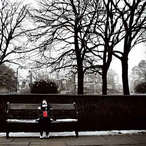 Image similar to an emo goth girl sitting on a bench in front of a British house on a freezing cold day, 2006, black hair