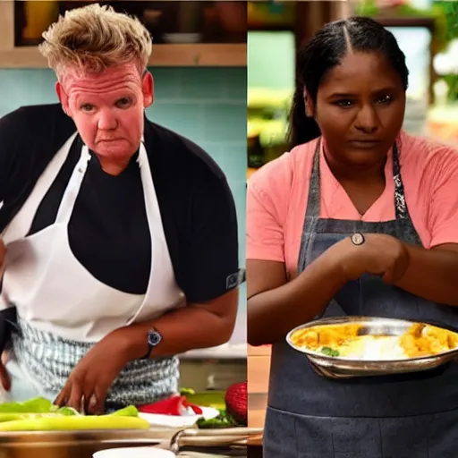 Image similar to trinidad female teenager getting shouted at by gordon ramsay for cooking subpar food, photography