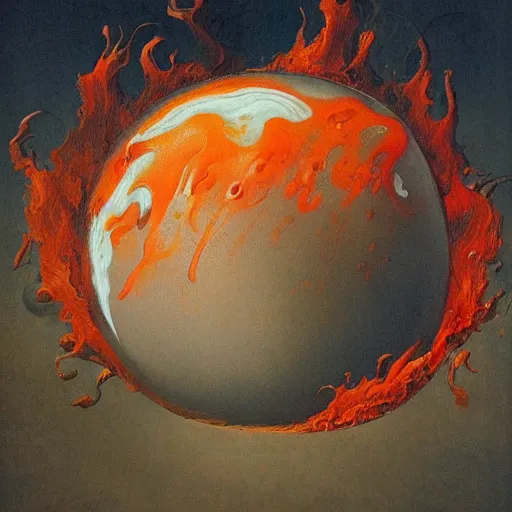 Image similar to a sphere being devoured by abstract splatters of paint in the style of francis bacon, venus being engulfed in flames in the style of james jean, surreal, beksinski, high detailed