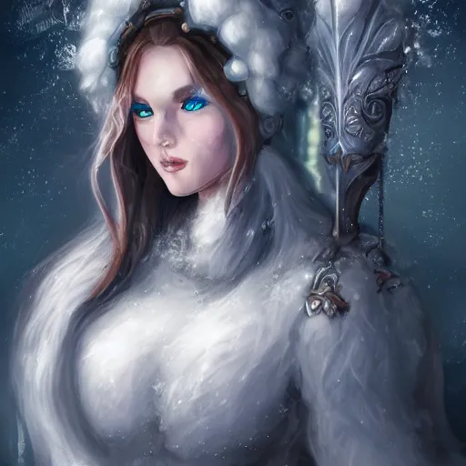 Image similar to auril, goddess of winter, lady made of ice wielding a warhammer made of ice, digital art, trending on artstation, portrait