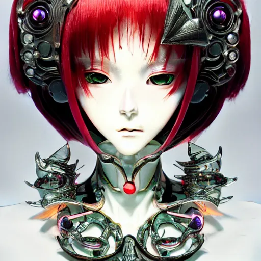 Image similar to prompt : photorealistic cinematic 3 d render of persona soft light painted by takato yamamoto, mecha accessories and trinkets, different small jewels around, inspired by ghost in shell anime, smooth face feature, intricate oil painting, high detail, sharp high detail, manga and anime 1 9 8 0