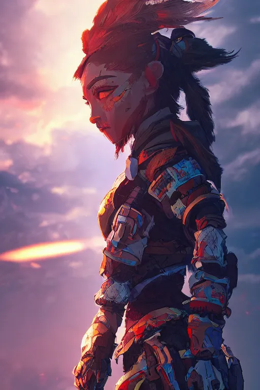 Image similar to combination suit armor aloy horizon forbidden west horizon zero dawn radiating a glowing aura global illumination ray tracing hdr fanart arstation by ian pesty and alena aenami artworks in 4 k tribal robot ninja mask helmet backpack