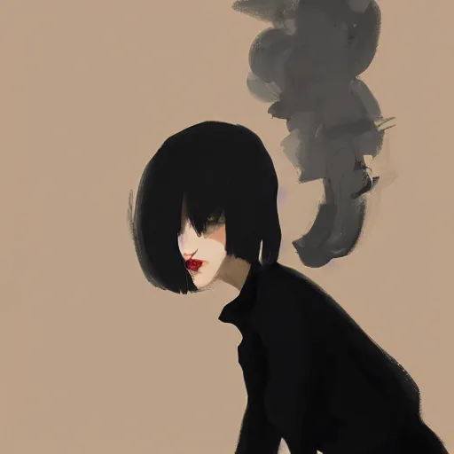 Image similar to Elegant woman in black dress and black bob hair, smoking a cigarette, sitting in dark room, smoke, smooth, sharp focus, by Akihiko Yoshida, Greg Tocchini, Greg Rutkowski, Cliff Chiang, 4k resolution, digital painting, small chromatic aberration