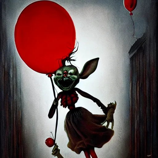 Image similar to grunge painting of bugs bunny with a wide smile and a red balloon by Zdzisław Beksiński, loony toons style, pennywise style, corpse bride style, creepy lighting, horror theme, detailed, elegant, intricate, conceptual, volumetric light