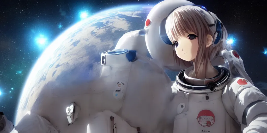 Image similar to High resolution photo of an anime girl in a spacesuit in awe at the beauty of the universe, 4k/8k, Cinematic Movie Photograph, Cinematic Lighting