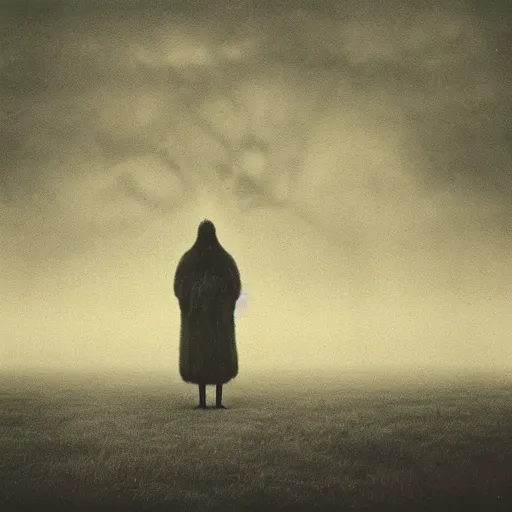 Prompt: bad quality vintage snap photography of realistic walking faceless beast-god with many long arms, a huge body covered with deep furs by Zdzisław Beksiński, odd eye, dark fantasy, fat, noiz, unbalanced , blur, haze, fog, vignetting, platinum printing
