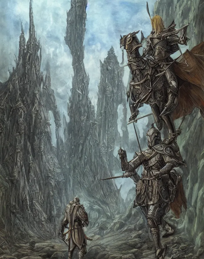 Prompt: a knight in a medieval suit of armor next to an elf wizard walking through a surrealist dimensional gateway that leads into rivendell in the style of john howe