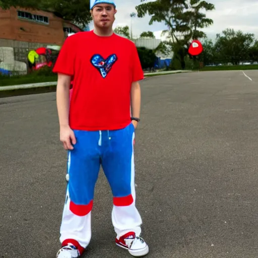 Image similar to a full body shot of an average white, short young - adult man with blue dyed hair holding a microphone, wearing a red backwards cap, white t - shirt with a red no symbol on it, blue long pants and red shoes