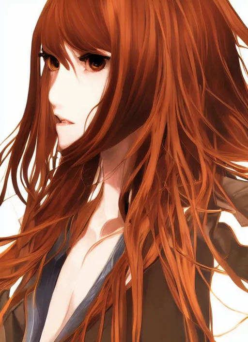 Image similar to portrait illustration by shigenori soejima, beautiful girl, fox ears, focus on face, pretty, cinematic lighting, painterly, long wavy orange hair, light brown trenchcoat