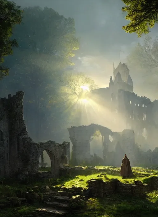 Image similar to beautiful medieval castle ruins, mist, sunrays, dust in the air, dnd character, unreal engine, octane render, dramatic lighting, pond, digital art, by stanley artgerm lau, greg rutkowski, thomas kindkade, alphonse mucha, loish, norman rockwell,