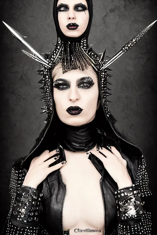 Image similar to a genderqueer iranian woman in a black leather outfit with spikes on her head, a high fashion character portrait by christen dalsgaard, featured on behance, gothic art, androgynous, genderless, gothic