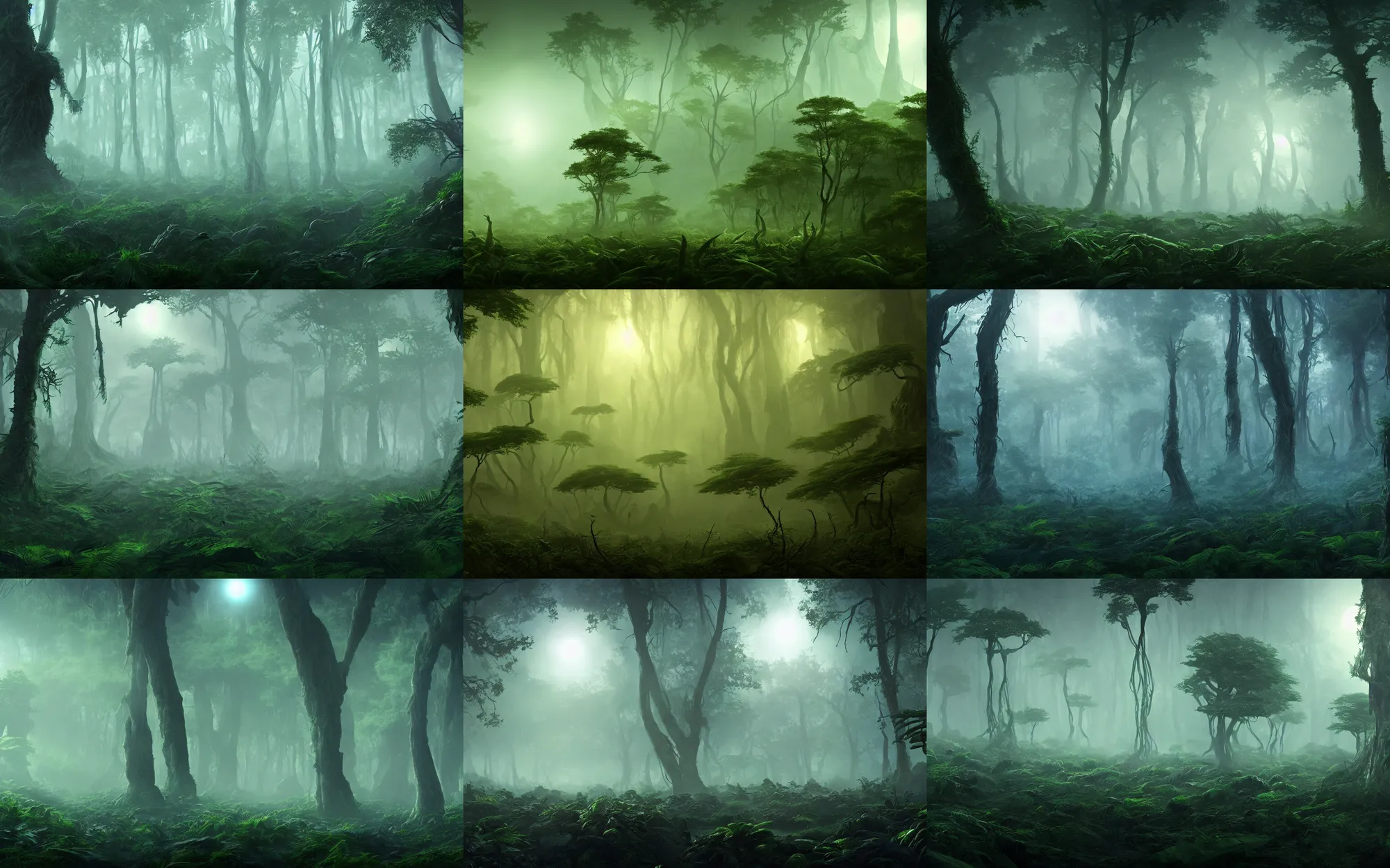 Prompt: alien planet landscape wild dense foggy alien forest trees with big leaves very dense undergrowth very dangerous ominous lighting intricate detail artstation 8 k