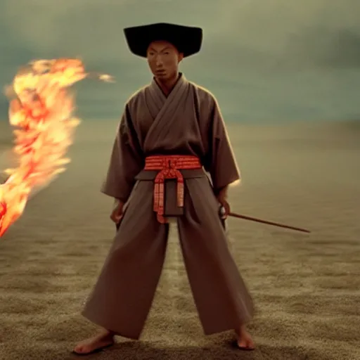 Image similar to cinematic film still Pharrell Williams starring as a Samurai holding fire, Japanese CGI, VFX, 2003, 40mm lens, shallow depth of field,film photography