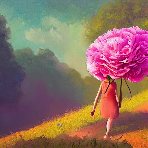 Image similar to giant carnation flower as a head, girl hiking in a lush valley, surreal photography, sunrise, dramatic light, impressionist painting, colorful clouds, digital painting, artstation, simon stalenhag