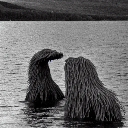 Image similar to 1980s photo of the Loch Ness monster kissing Bigfoot