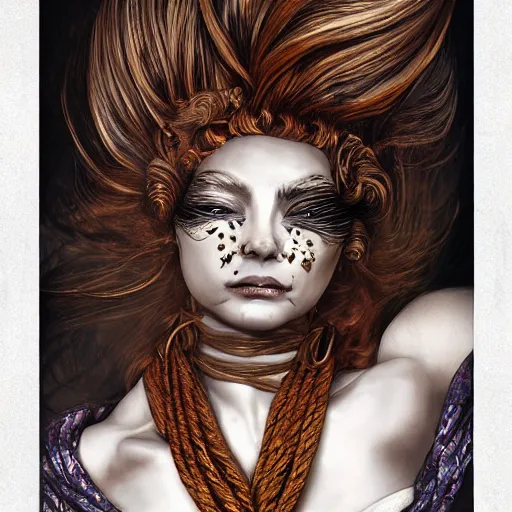 Image similar to portrait of a Shibari rope wrapped face and neck, headshot, insanely nice professional hair style, dramatic hair color, digital painting, of a old 15th century, old cyborg merchant, amber jewels, baroque, ornate clothing, scifi, realistic, hyperdetailed, chiaroscuro, concept art, art by Franz Hals and Jon Foster and Ayami Kojima and Amano and Karol Bak,