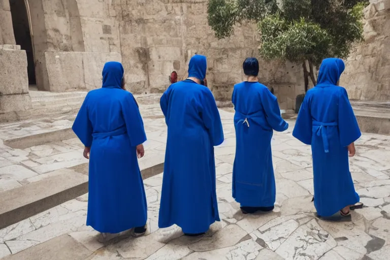 Image similar to photo of 3 women at the tomb of jesus, blue robes, golden triangle composition