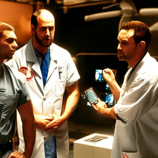 Prompt: a still from the movie armageddon crossover with the game surgeon simulator