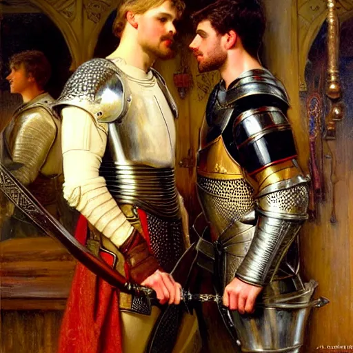 Image similar to attractive fully clothed arthur pendragon confesses his love for his attractive fully clothed male knight. highly detailed painting by gaston bussiere and j. c. leyendecker 8 k