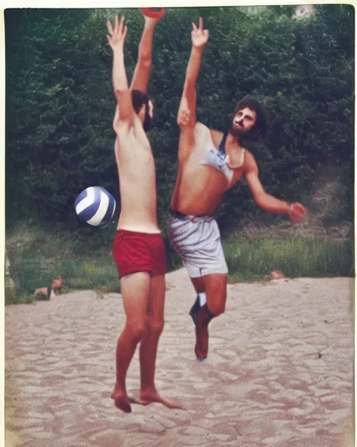 Prompt: jesus plays volleyball with his boyfriends polaroid instamatic summer 1 9 7 4