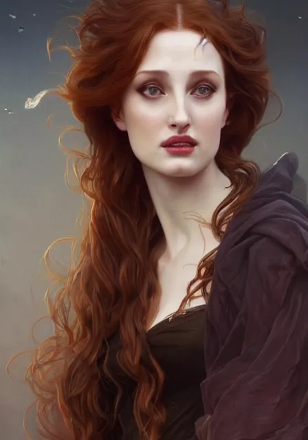 Image similar to sansa angeline jolie gessica chastain vampire teeth, intricate, elegant, highly detailed, digital painting, artstation, concept art, smooth, sharp focus, illustration, art by artgerm and greg rutkowski and alphonse mucha and william - adolphe bouguereau