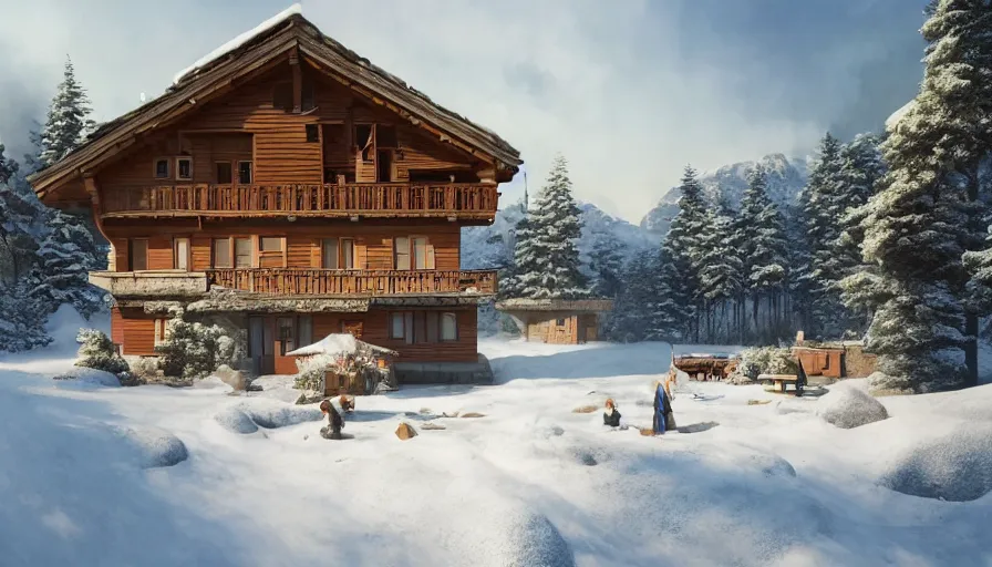 Prompt: A highly detailed matte painting of Modern chalet built in the snowy mountains, by Studio Ghibli, Makoto Shinkai, by Artgerm, by WLOP, by Greg Rutkowski, volumetric lighting, octane render, 4K resolution