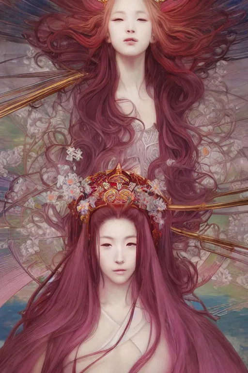 Image similar to breathtaking detailed soft painting of a samurai queen with long flowing red hair, anime style, pastel flower petals flying, in front of a pristine art nouveau cathedral, elegant, volumetric lighting, highly detailed, artstation, concept art, matte, sharp focus, art by pilyeon, Alfons Mucha and Miho Hirano