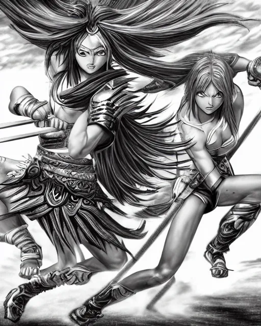 Image similar to Two female warriors fighting, black and white, highly detailed face, close-up, fantasy art, fighting art, in the style of masami kurumada, illustration, epic, fantasy, intricate, hyper detailed, artstation, concept art, smooth, sharp focus, ray tracing