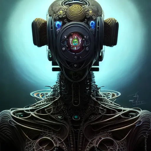 Image similar to low angle shot of a fractal cyberpunk gazmask robot character, intricate, elegant, highly detailed, centered, digital painting, artstation, concept art, smooth, sharp focus, illustration, artgerm, Tomasz Alen Kopera, Peter Mohrbacher, donato giancola, Joseph Christian Leyendecker, WLOP, Boris Vallejo