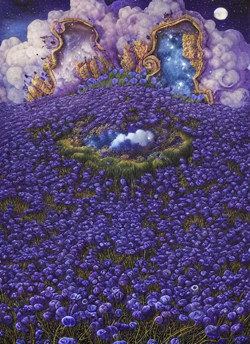 Image similar to detailed, intricate blue black and purple papaverum flower on the field, nebula, galaxy in the sky, winning award masterpiece, fantastically beautiful, illustration, aestheticly inspired, jacek yerka, upscale with anguissola sofonisba work, artstation, 8 k