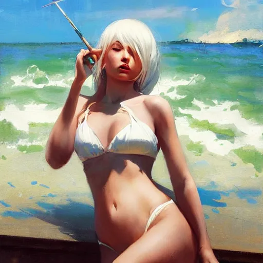 Image similar to greg manchess portrait painting of a 2 yorha type a no. 2 in a bikini, white long hair, organic painting, sunny day, matte painting, bold shapes, hard edges, street art, trending on artstation, by huang guangjian and gil elvgren and sachin teng