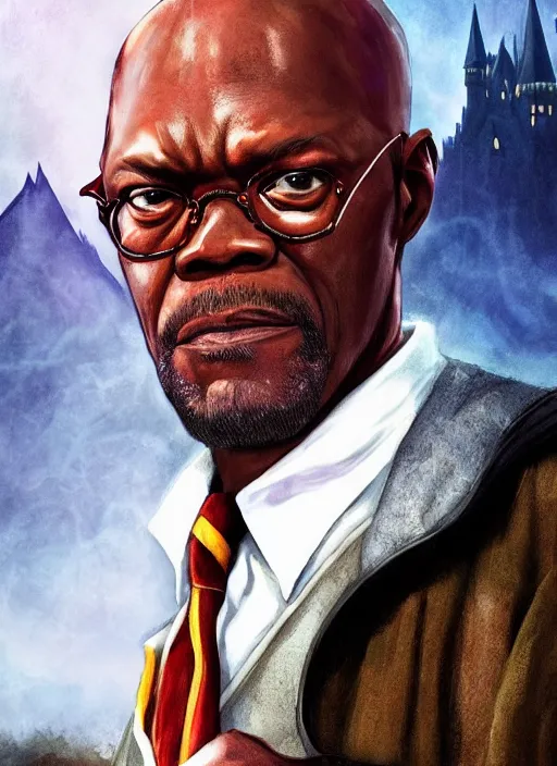 Prompt: Dramatic portrait photo of Samuel L Jackson as Harry Potter, wizard, cracked castle in background, dramatic lighting, digital painting, concept art, smooth, sharp focus, art by artgerm