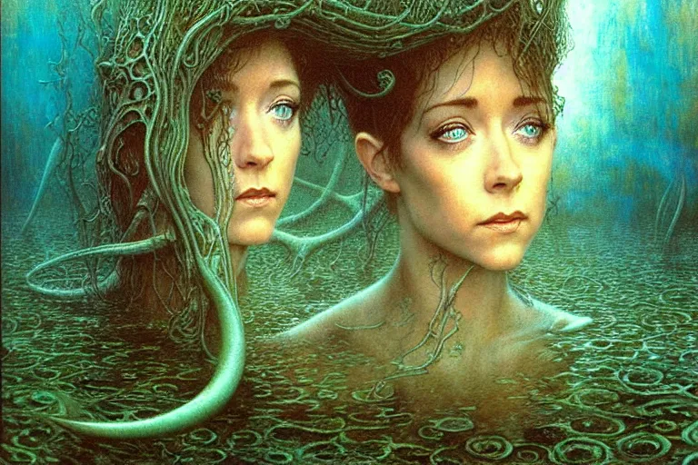 Prompt: cute young alyson hannigan with short hairs in lovecraftian underwater realm by jean delville by luis royo and wayne barlowe, beksinski