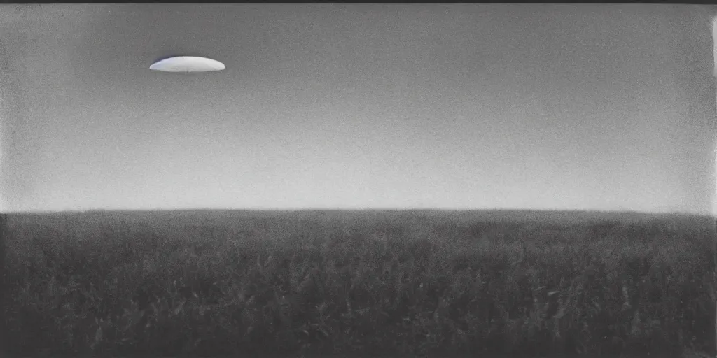 Prompt: detailed medium format photo, polaroid still from tarkovsky movie, saucer shaped ufo flying over a rural landscape haze, high production value, intricate details, 8 k resolution, hyperrealistic, hdr, photorealistic, high definition, tehnicolor, award - winning photography, masterpiece, amazing colors