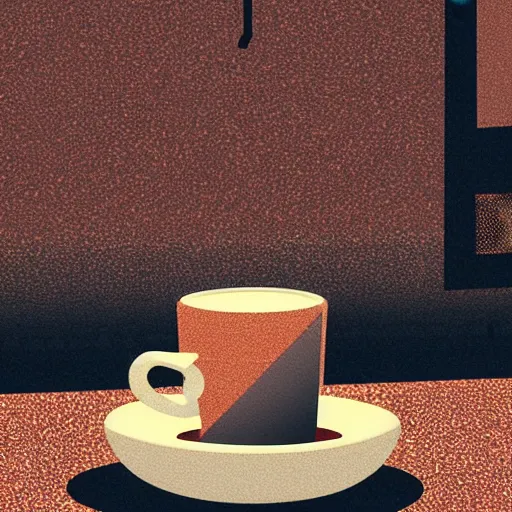 Prompt: A cup of coffee reflecting the surroundings in an alley, Pixel Art, Closeup