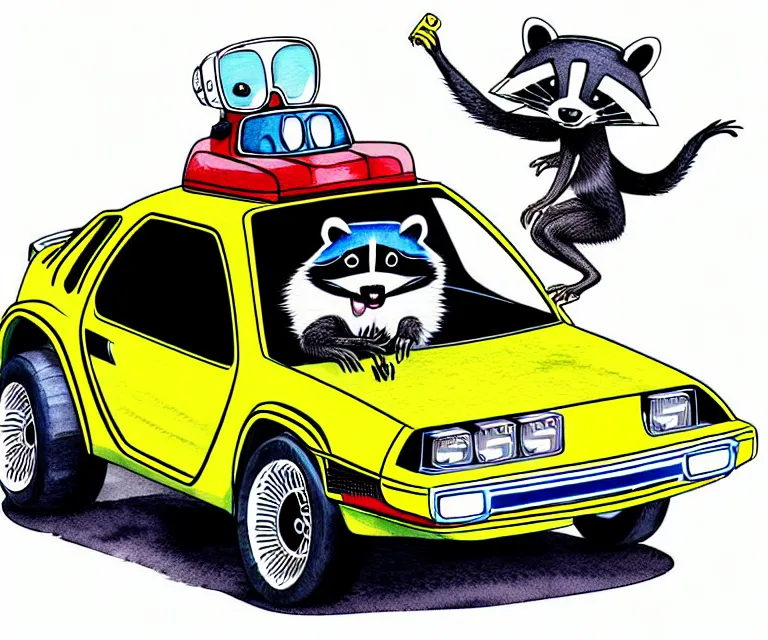 Image similar to cute and funny, racoon wearing a helmet riding in a tiny hot rod delorean with oversized engine, ratfink style by ed roth, centered award winning watercolor pen illustration, isometric illustration by chihiro iwasaki, edited by range murata