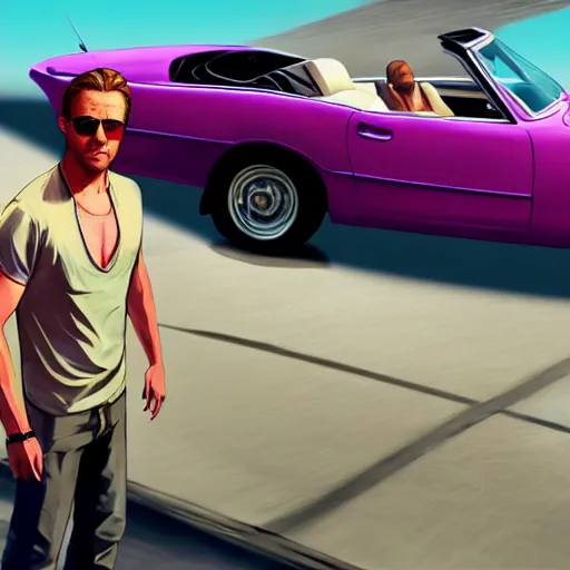 Prompt: gta v covert art by stephen bliss of ryan gosling wearing aviator sunglesses near a pink convertible car