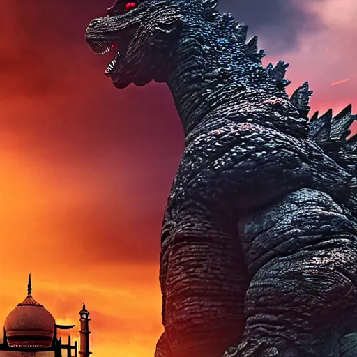 Prompt: godzilla near taj mahal, majestic, breathtaking, film still from godzilla 2 0 1 4, 8 k, unreal engine 5 rendering, hyper realistic, global illumination, radiant lighting, clear image, intricate environment