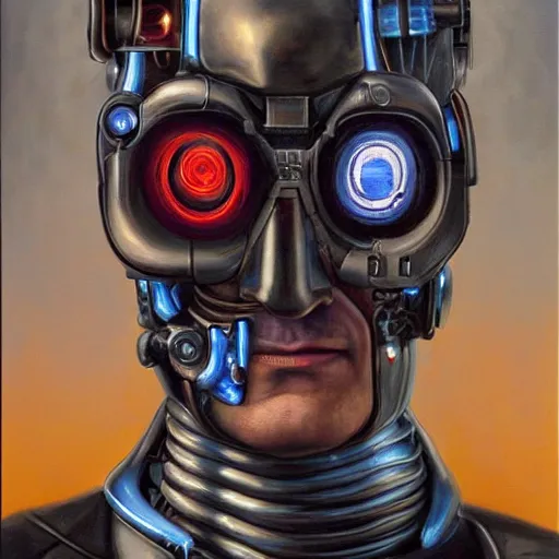 Image similar to a realistic oil painting of nathan fillion as a cybernetic cyborg, surrealism portrait, surrealism album cover