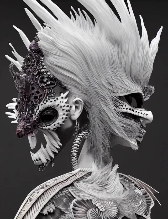 Image similar to 3 d goddess close - up profile simple portrait punk with mohawk with goat skull. beautiful intricately detailed japanese crow kitsune mask and clasical japanese kimono. betta fish, jellyfish phoenix, bio luminescent, plasma, ice, water, wind, creature, artwork by tooth wu and wlop and beeple and greg rutkowski