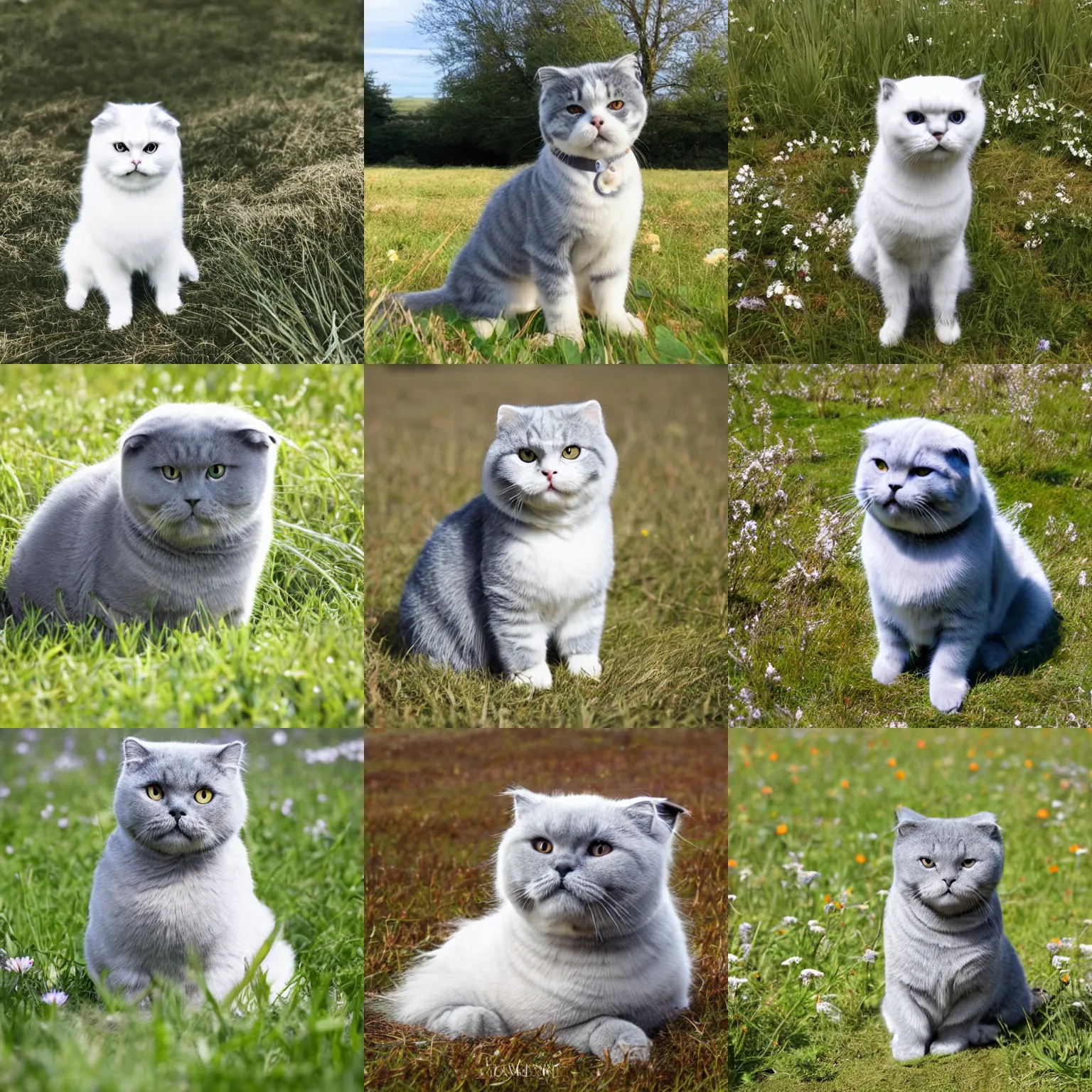 Prompt: a dimgray scottish fold sitting in the middle of sunny meadow